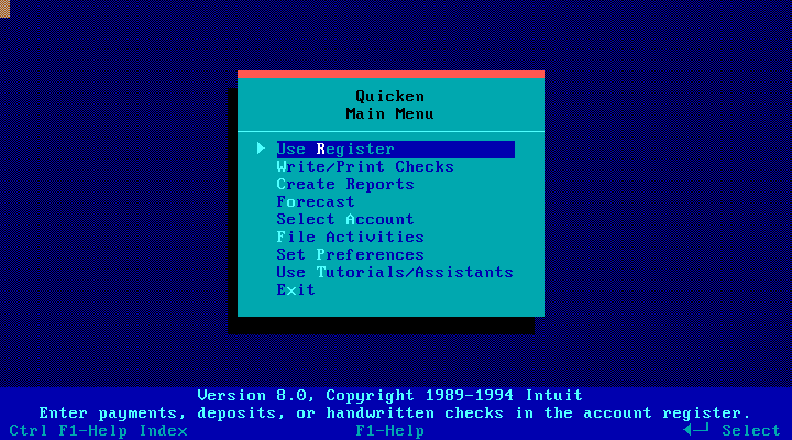 Quicken 8.0 for DOS - Menu